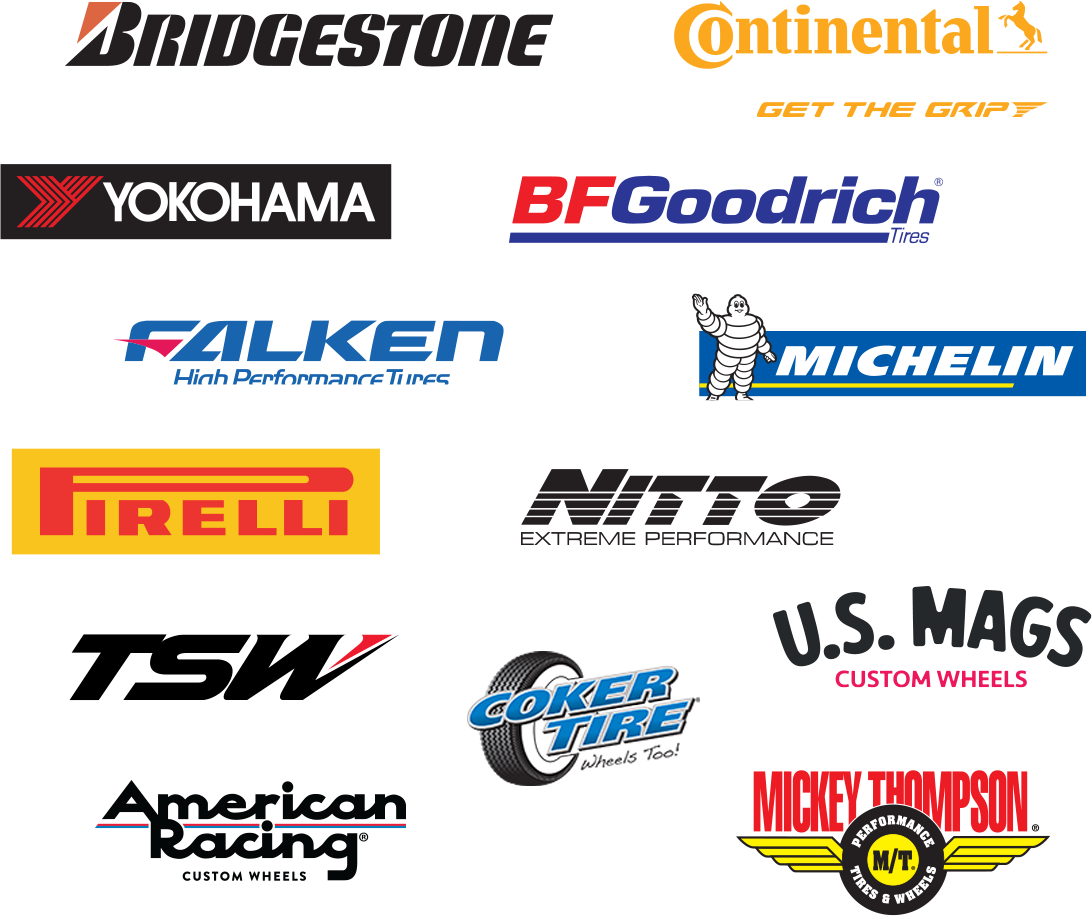 JBA Tire Center Brands - Bridgestone, Continental, Yokohama, BFGoodrich, Falken, Michelin, Nitto, Pirelli, TSW, Coker Tire, US Mags, American Racing, Mickey Thompson
